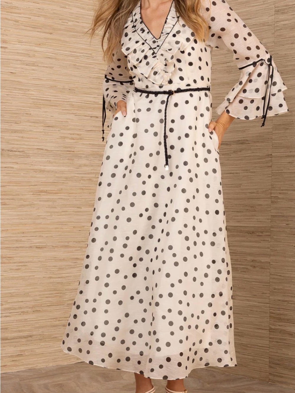HALE BOB Aiyana Organza Maxi Dress Cream Polka Dot Ruffle with Black Trim Size S - Picture 2 of 12